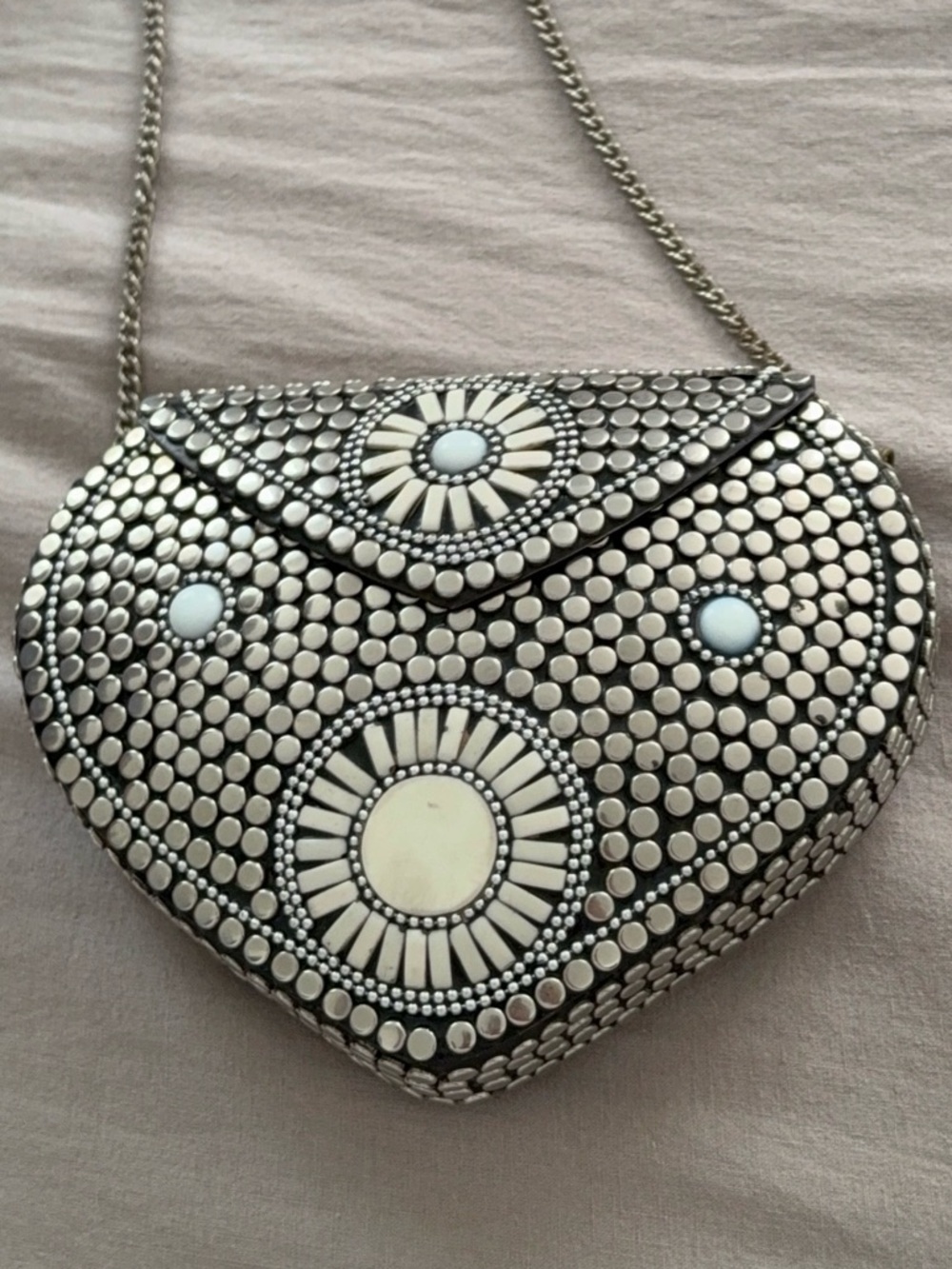 Heart-Shaped Metallic Beaded Crossbody Bag in Silver and White